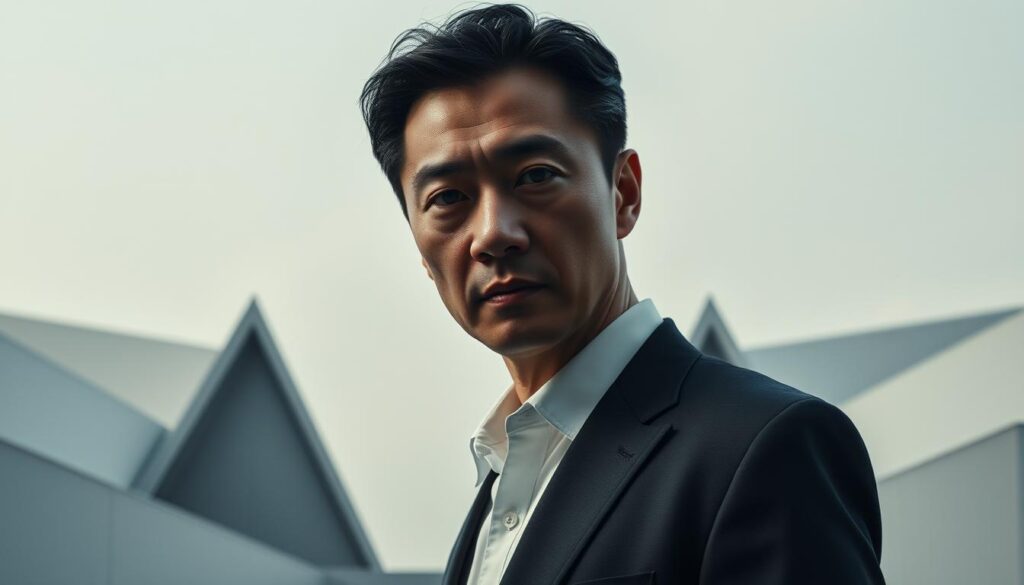 A sleek, contemporary portrait of the influential figure Shin Heisei, against a backdrop of a stylishly minimalist urban environment. The subject is captured in a pensive, contemplative pose, their face partially obscured by subtle dramatic lighting, conveying an air of intrigue and mystery. The composition features a balance of sharp, angular architectural elements in the middle ground, complemented by a hazy, atmospheric sky in the background, creating a sense of depth and tranquility. The overall aesthetic is one of sophisticated elegance, reflecting the subject's status and significance in the current social and political landscape.
