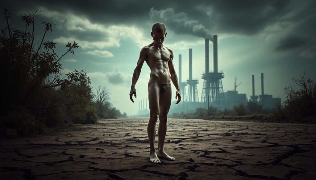 A solitary, naked figure stands amidst a surreal, dystopian landscape. The foreground depicts the vulnerable human form, symbolizing anxiety and unease about the state of the environment. The middle ground features a desolate, barren world - cracked earth, polluted skies, and withering foliage, hinting at the unsettling consequences of environmental neglect. In the background, towering, industrial structures loom ominously, casting an ominous shadow over the scene. Dramatic, moody lighting casts the figure in a somber, pensive tone, evoking a sense of trepidation and unease. The overall composition conveys a powerful metaphor for the individual's anxieties about the fragile relationship between humanity and the natural world.