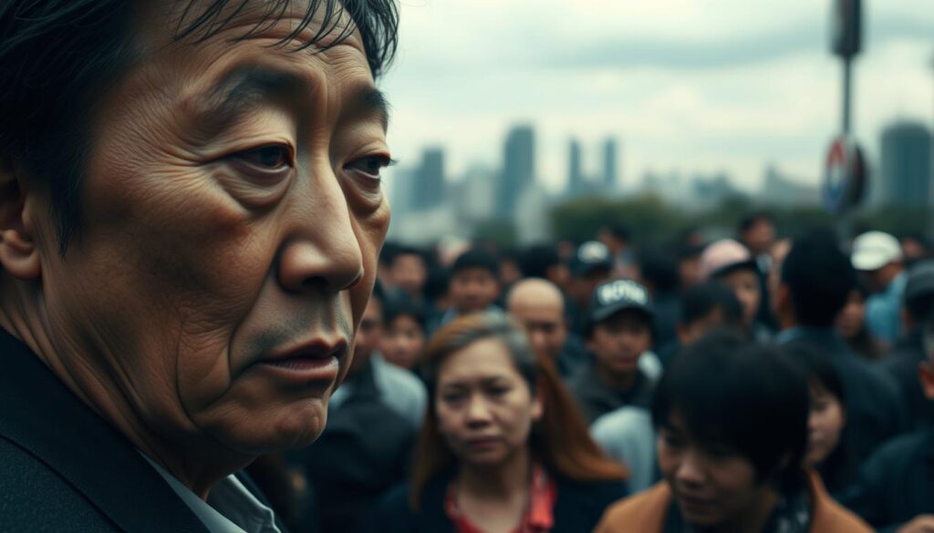 A somber, pensive expression on the face of Nagabuchi Tsuyoshi, a renowned Japanese musician, as he reflects on the recent public controversy. The middle ground depicts a diverse crowd, their reactions ranging from supportive to critical, capturing the social reverberations of the events. In the background, a blurred cityscape suggests the far-reaching impact and public discourse surrounding the situation. Muted lighting and a subdued color palette evoke a sense of gravity and contemplation.