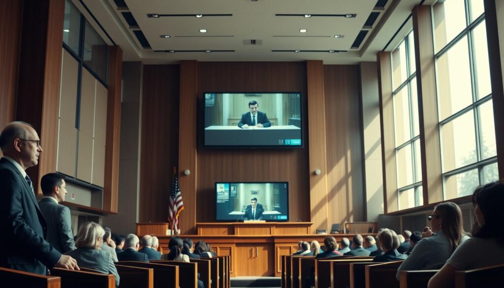 A spacious, modern courtroom with large windows flooding the room in soft, natural light. At the center, a judge's bench is positioned prominently, with a remote video screen set up in front, conveying the image of a witness testifying from a distant location. Lawyers stand on either side, intently focused on the proceedings, their expressions a mix of concentration and intensity. The jury members, seated in orderly rows, lean forward, their gazes fixed on the remote screen. The atmosphere is one of serious deliberation, the weight of the legal process palpable in the air.