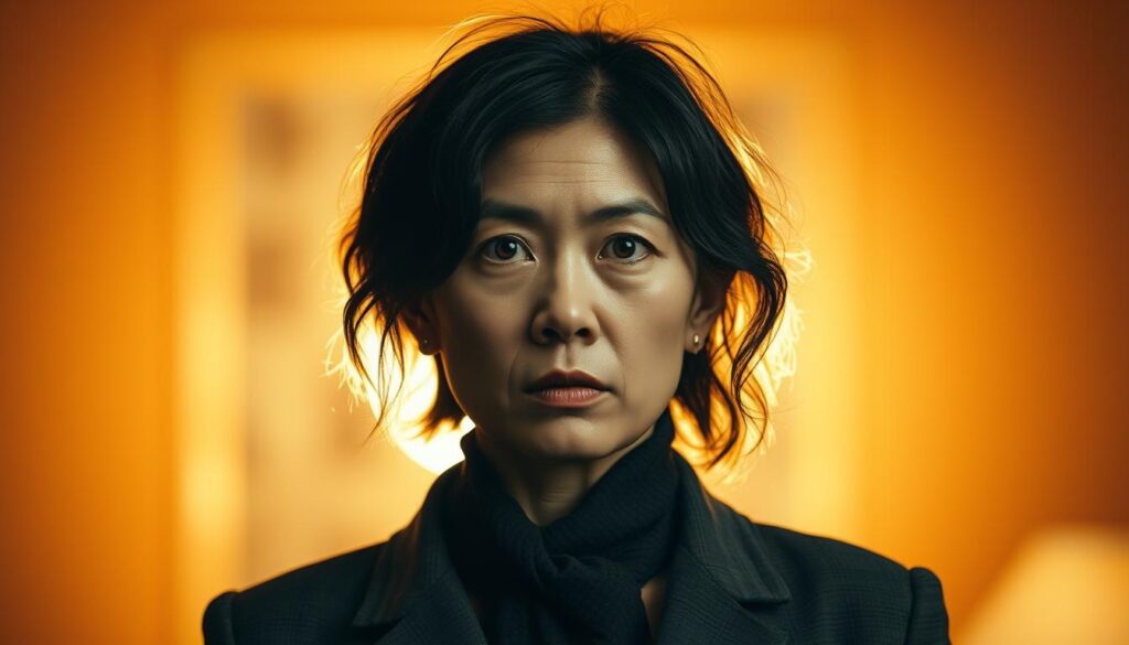 A striking portrait of Shiho Wakabayashi, her face a canvas of determined resolve, as she courageously steps forward to expose a hidden truth. The scene is bathed in a warm, golden light, casting a halo-like glow around her. Her gaze is unwavering, her posture radiating a sense of moral fortitude. The background is intentionally blurred, keeping the focus solely on her powerful presence. The image conveys the profound significance and gravity of her brave act, a testament to the power of individual conscience to challenge the status quo.