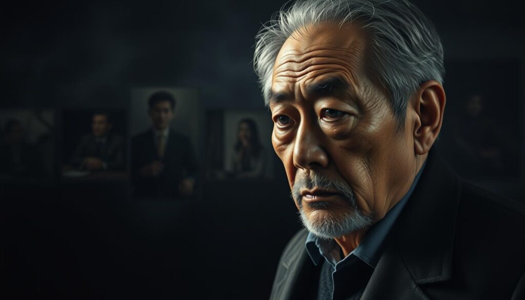 A thoughtful portrait of Tsuneharu Nagabuchi, capturing his complex public persona and personal history. In the foreground, a pensive Nagabuchi gazes introspectively, his weathered face conveying a lifetime of experiences. The middle ground features muted visuals of his past controversies and reinventions, represented through symbolic imagery. The background is a moody, atmospheric scene evoking the duality of his celebrated and criticized career. Dramatic chiaroscuro lighting casts dramatic shadows, heightening the sense of gravitas. Rendered with a cinematic, painterly aesthetic to convey the nuanced reappraisal of this influential public figure.