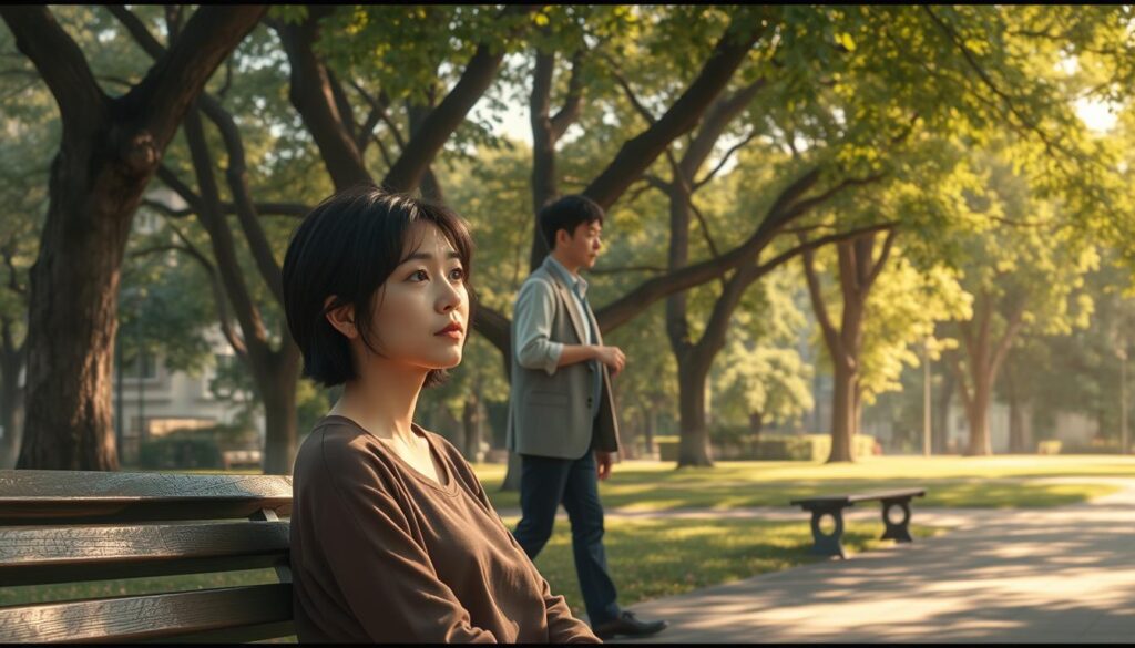 A tranquil, late afternoon scene in a cozy Tokyo suburb. In the foreground, Yuriko Kimura, formerly known as Shiho Wakabayashi, sits on a park bench, gazing thoughtfully into the distance. Her expression is pensive, yet serene, as she reflects on the events that have unfolded in her life. In the middle ground, Tsuyoshi Nagabuchi, once her lover, strolls by, his pace unhurried, his eyes downcast. The two former partners cross paths, yet they do not acknowledge each other, each lost in their own private musings. The background depicts a lush, verdant park, the dappled sunlight filtering through the branches of towering trees, creating a warm, tranquil atmosphere that belies the emotional complexities of the scene.