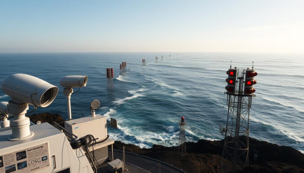 A vast, sprawling coastline stretches out before a vigilant tsunami monitoring system. In the foreground, sleek sensors and cameras scan the horizon, connected to a command center buzzing with activity. The middle ground features a network of warning towers, their red lights pulsing in sync, ready to alert nearby communities. In the distance, the vast, rolling waves of the open ocean are captured in a cinematic wide-angle lens, hinting at the power that the system must be prepared to confront. The scene conveys a sense of preparedness, technology, and the perpetual vigilance required to safeguard against the unpredictable forces of nature.