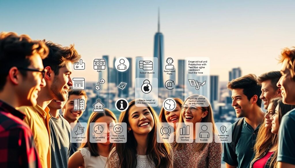 A vibrant collage depicting the policy proposals of a youth-oriented political party. In the foreground, a diverse group of young people engaged in lively discussion, their faces animated with enthusiasm. The middle ground showcases a series of stylized icons and infographics, illustrating the party's key initiatives on education, employment, and social welfare. In the background, a sleek, modern cityscape serves as a backdrop, hinting at the party's vision for a progressive, technology-driven future. The scene is bathed in warm, optimistic lighting, conveying a sense of energy and optimism. The overall composition strikes a balance between the human elements and the visual representation of the party's policy platform, creating a visually compelling and informative image.